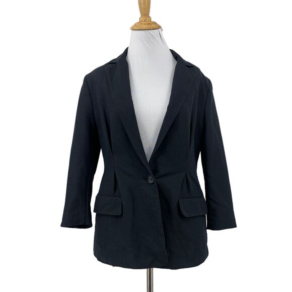 Joie Lian Pleated Blazer Womens 2 Caviar Black Quarter Sleeve Linen Blend Jacket - Picture 1 of 14